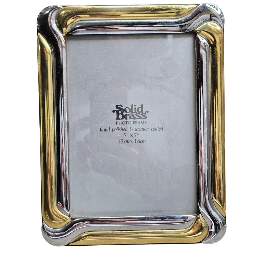 Vintage Solid Brass Two Tone Silver Gold Photo Picture Frame 5x7 Art Deco Korea